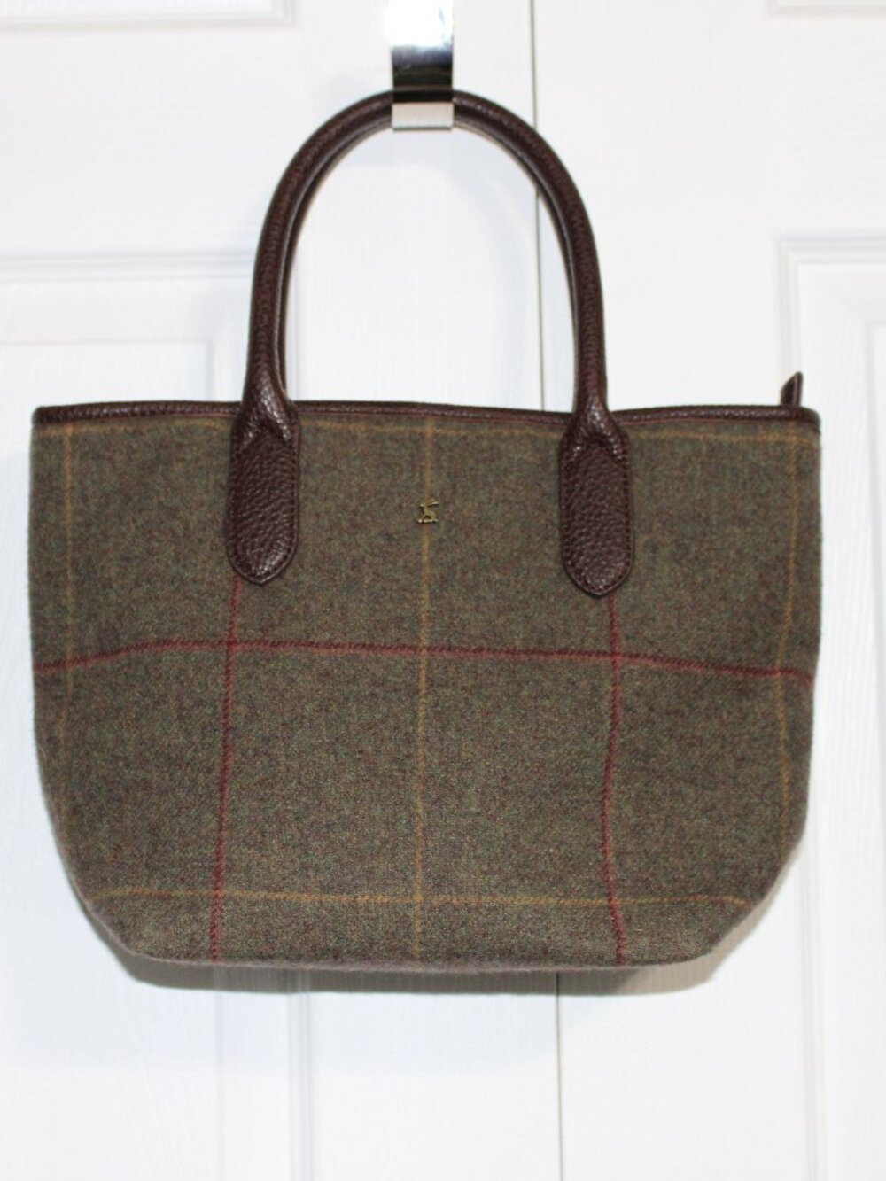 Joules Carey Tweed Grab Bag Dark Green Grid Check Wool Blend Purse